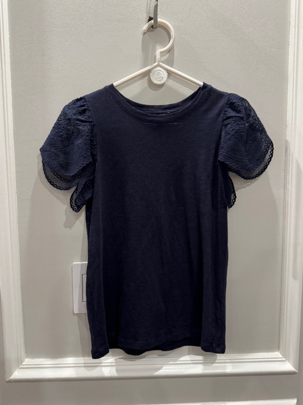 Express Navy Blue Eyelet Lace Flutter Sleeve Tee Blouse Top XS
